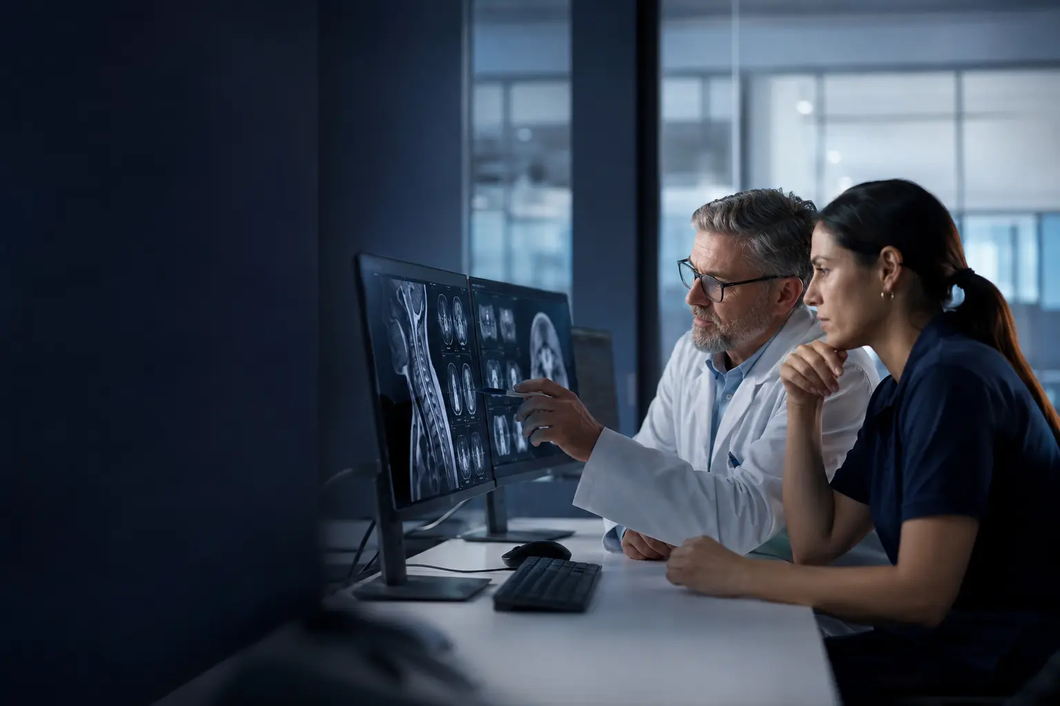 Radiology and healthcare technology professionals reviewing medical imaging together.