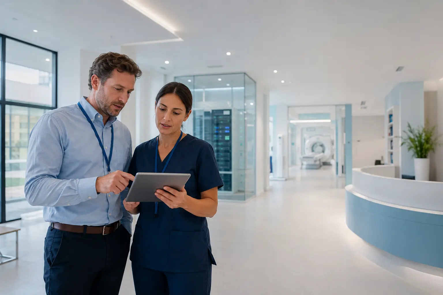 Clinical and IT specialists reviewing diagnostic centre technology together.